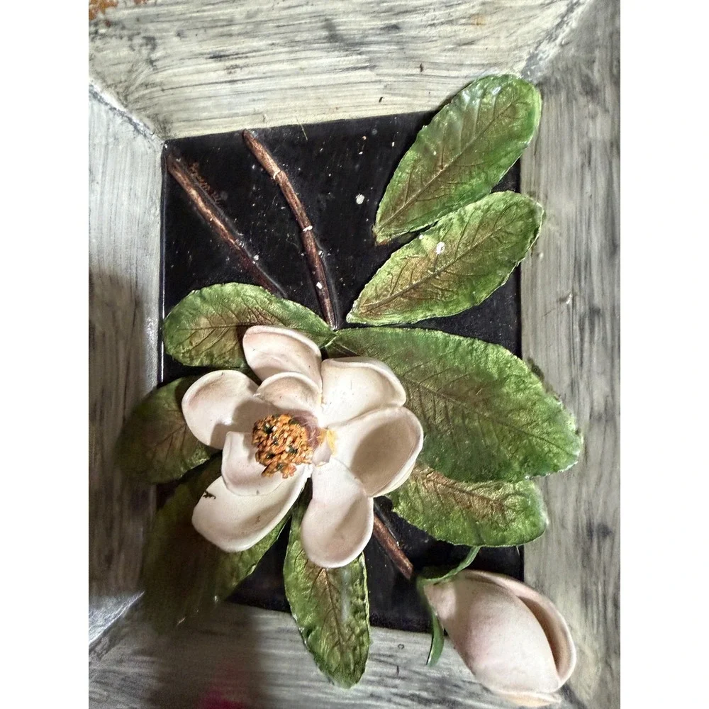 Vintage 3D Ceramic Magnolia Flower Wall Art Plaque Rustic Faux Wood Frame Square